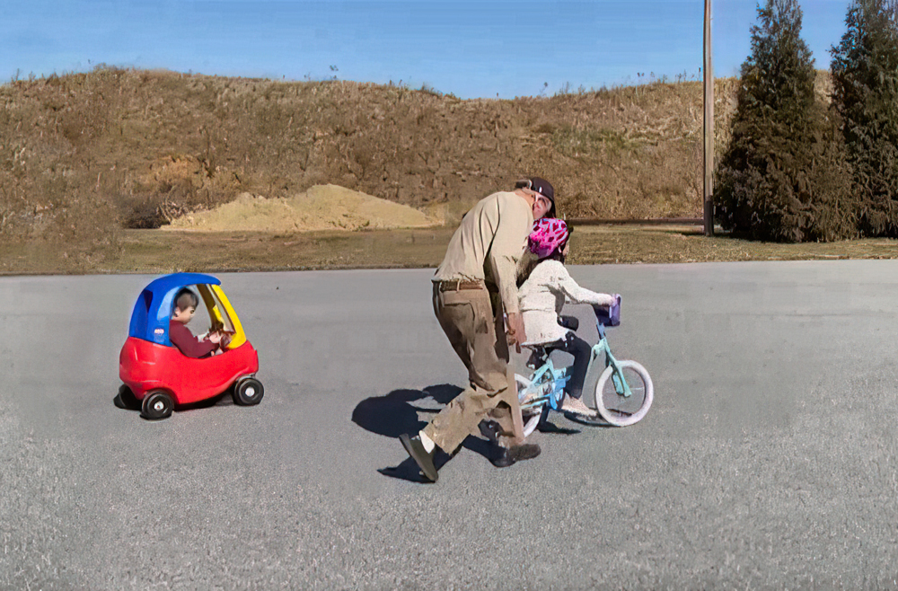 Walter Styer holds the back of a young girl’s bicycle as she rides in an open paved area. A little boy nearby rides in a toy car